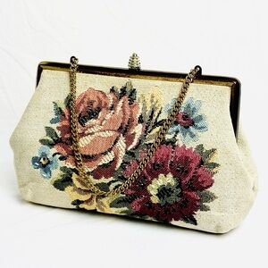 Verdi Mid-Century Vintage Floral Embroidered Bag GUC w/ Gold Tone Chain